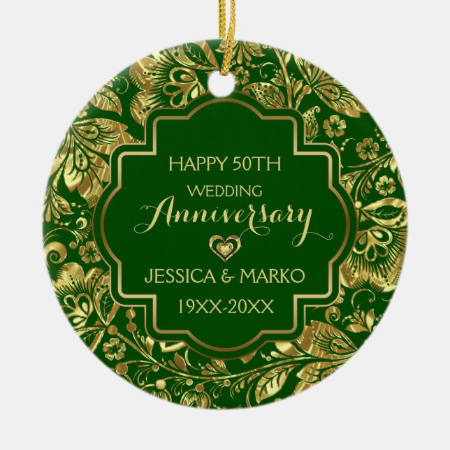 Green & Gold 50. Hochzeitstag Keramik Ornament (Vorne)