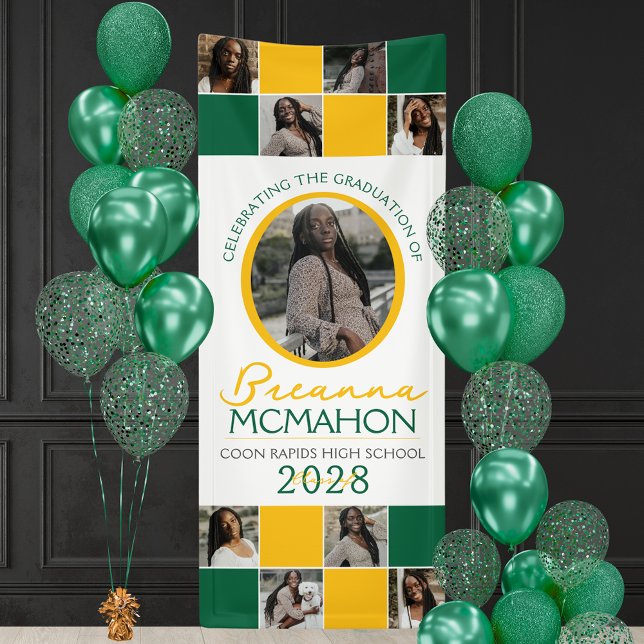 Green & Gold 9 Foto Collage Abschluss Vinyl Banner (Green, White and Yellow Gold 9 Photo Graduation Hanging Vinyl Banner)