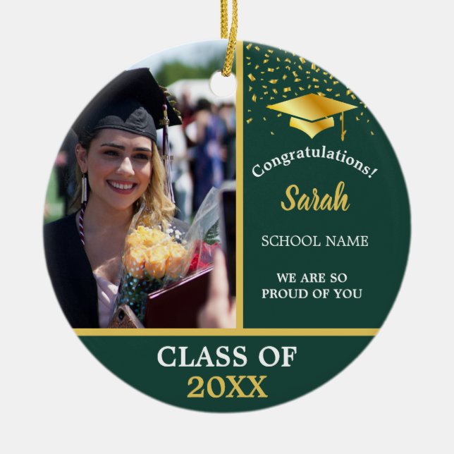 Green Gold Abschluss Custom Foto Class of 2025 Keramik Ornament (Vorne)