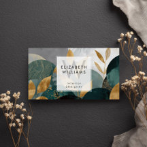 Green Gold Abstract Leaves Monogram Business Cards