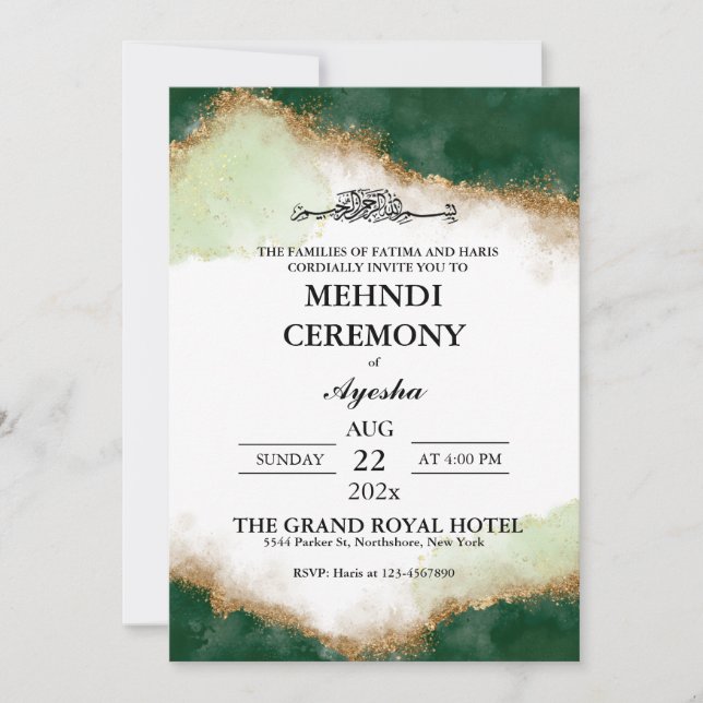 Green Gold Agate Islamic Wedding Mehndi Einladung (Vorderseite)