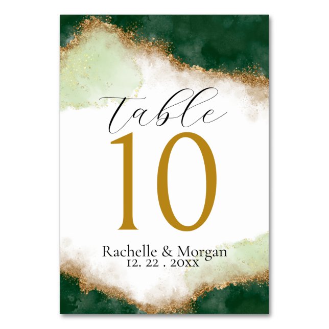 Green & Gold Agate Wedding Tischnummer Card (Vorderseite)