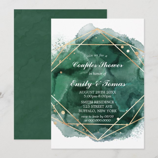Green Gold Aquarelle Couples Douche Invitation (Devant / Derrière)