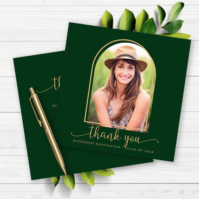 Green Gold Arch Foto Abschluss Vielen Dank (Green Gold Arch Photo Graduation Thank You Card)