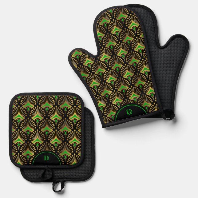 Green Gold Art Deco Muster auf schwarz Ofenhandschuh & Topflappen-Set (Vorderseite/Rückseite)