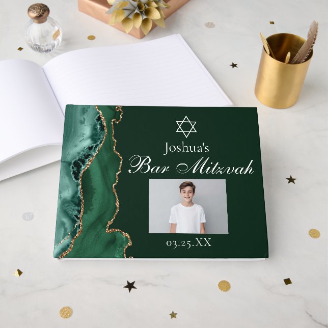 Green Gold Bar Mitzvah Party Foto Custom Gästebuch (Vorderseite Offen)