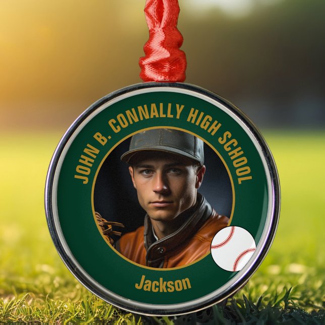 Green Gold Baseball Player Photo Christmas Ornament Aus Metall (Von Creator hochgeladen)