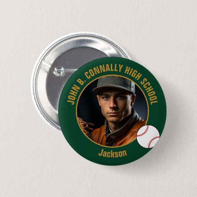 Green Gold Baseball Player Photo High School Button (Vorne & Hinten)