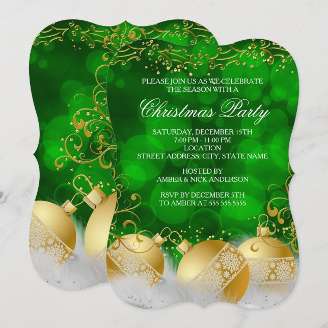 Green Gold Baubles White Weihnachtsfeier Einladung (Vorne/Hinten)