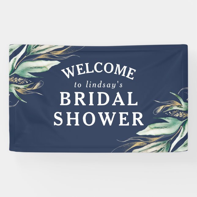 Green Gold Blätter Navy Blue Brautparty Banner (Horizontal)