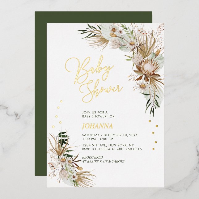 Green & Gold Boho Botanical Baby Dusche Folieneinladung (Vorderseite/Rückseite)
