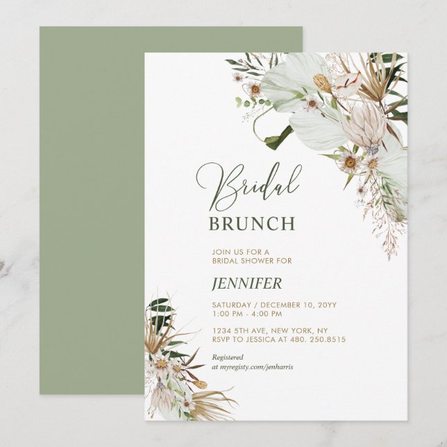 Green & Gold Boho Botanical Bridal Brunch Einladung (Vorne/Hinten)