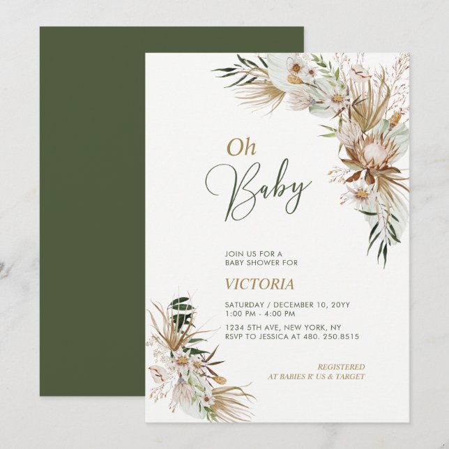 Green & Gold Boho Botanical Oh Baby Dusche Einladung (Vorne/Hinten)
