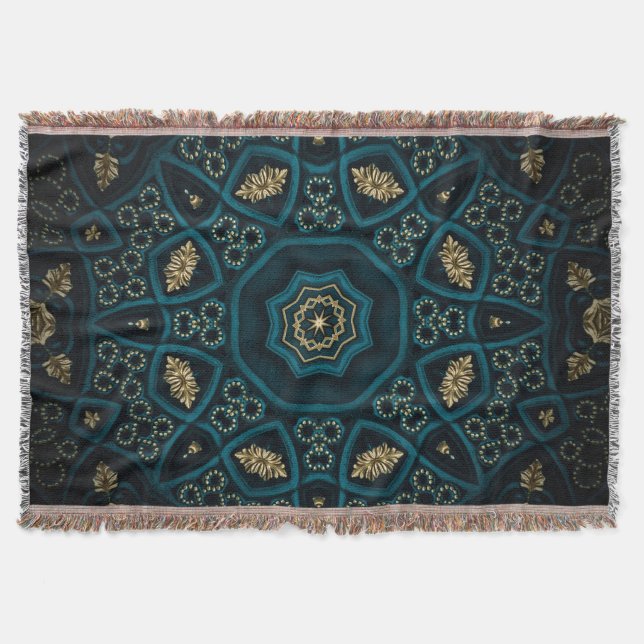 Green Gold Boho Rosette Mandala Decke (Vorderseite)