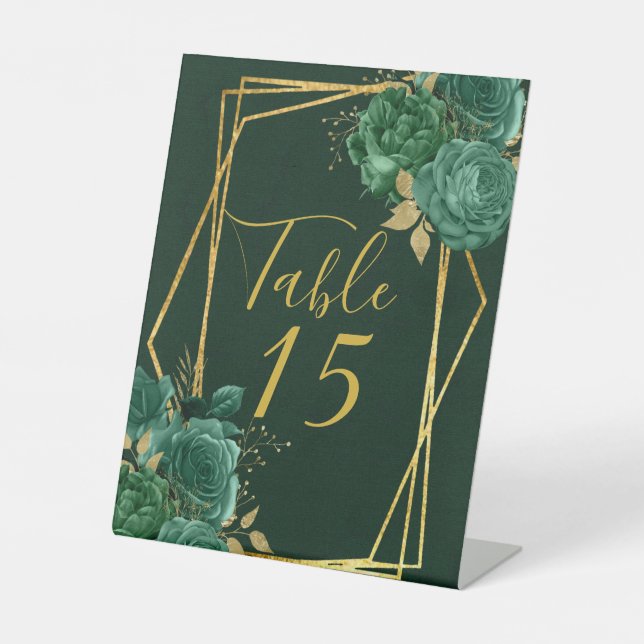 Green Gold Botanical Florals Wedding Tischnummer Sockelschild (Vorderseite)