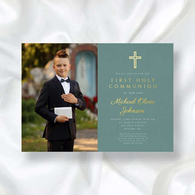 Green Gold Boy Foto Erste Kommune Folieneinladung (Green Gold Boy Photo First Communion Foil Invitation)