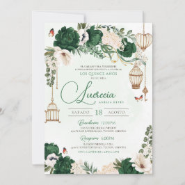 Green Gold Butterfly Floral Elegante Quinceañera Einladung