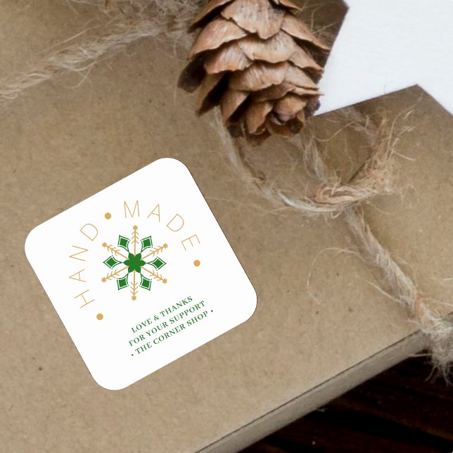Green Gold Christmas Modern Snowflake for Business Quadratischer Aufkleber (Green & Faux Gold Christmas Modern Snowflake for Business Square Sticker.)