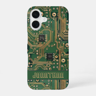 Green Gold Circuit Board Personalisiert iPhone 16 Hülle