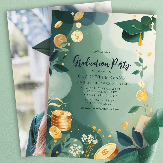 Green Gold Coins Finance Graduation Party Foto Einladung (Von Creator hochgeladen)