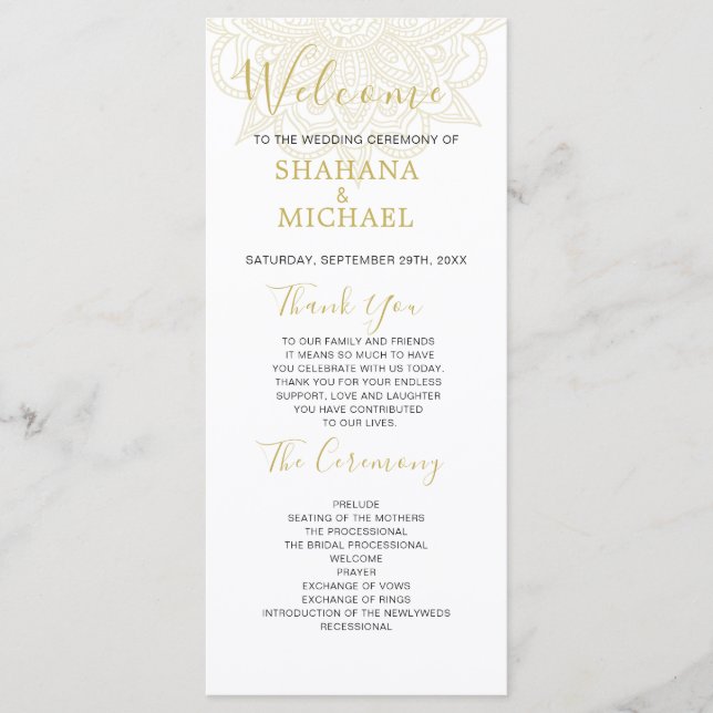 Green Gold Colored Wedding Program im indischen St Programm (Vorderseite)