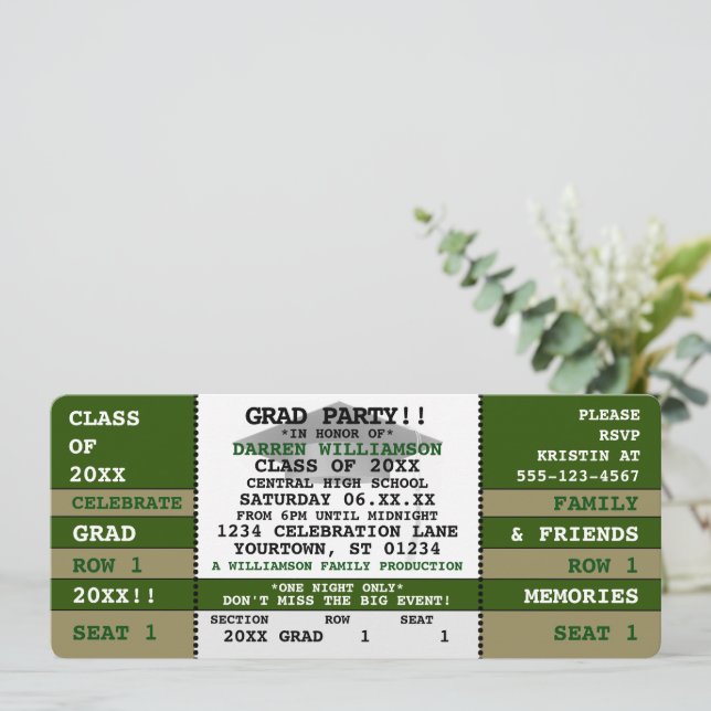 Green|Gold Concert Ticket Grad Party Einladung (Stehend Vorderseite)