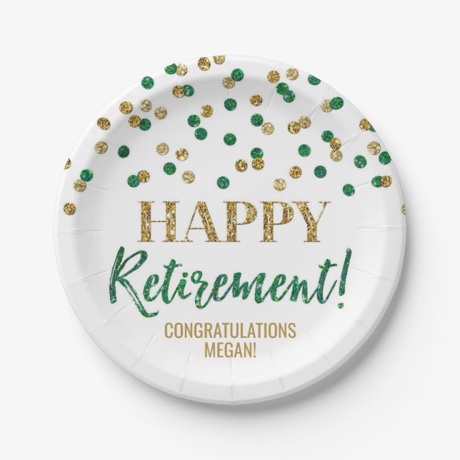 Green Gold Confetti Happy Retirement Pappteller (Vorderseite)