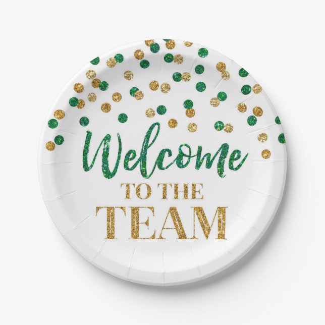 Green Gold Confetti Willkommen im Team Pappteller (Vorderseite)