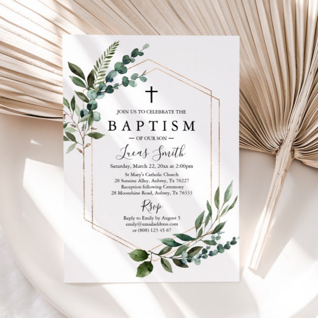 Green Gold Cross Baptism Invitation Christening (Créateur téléchargé)