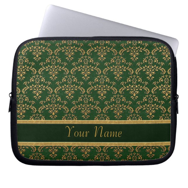 Green & Gold Damask Muster Laptopschutzhülle (Vorderseite)