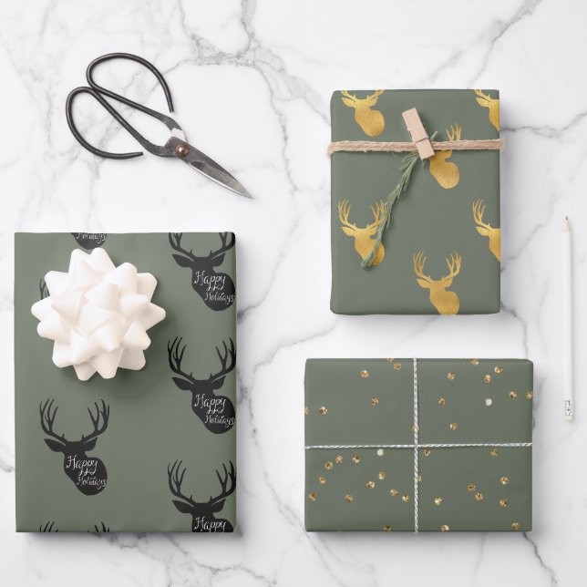 Green Gold Deer Geschenkpapier Set (Vorderseite)