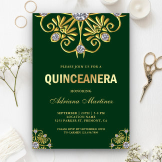 Green Gold Diamond Mandala Quinceanera Einladung
