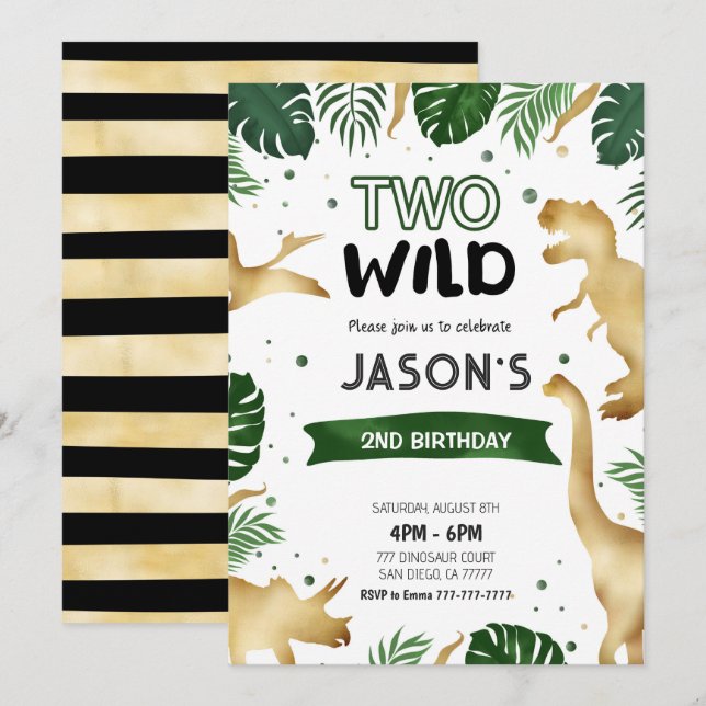 Green & Gold Dinosaur Geburtstagsparty Einladung (Vorne/Hinten)