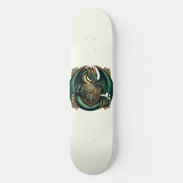 Green & Gold Dragon mit Schild Skateboard (Vorderseite)
