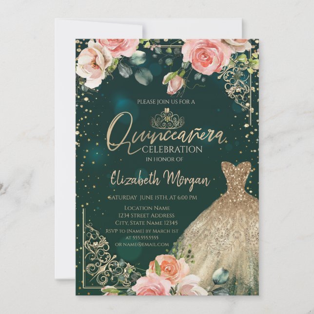 Green Gold Dress Tiara, Diamonds Rose Quinceañera Einladung (Vorderseite)
