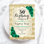 Green Gold Elegant Floral 50. Geburtstag Einladung<br><div class="desc">50. Geburtstagsfeier Einladung. Elegantes florales smaragdgrünes Design mit Rose. Enthält Imitate Glitzer goldene Streifen und Skript-Schriftart. Ideal für eine stilvolle Damenfeier. Kann für jedes Alter angepasst werden! Gedruckte Zazzle Einladungen oder Sofortdownload digitalen druckbaren Vorlage.</div>
