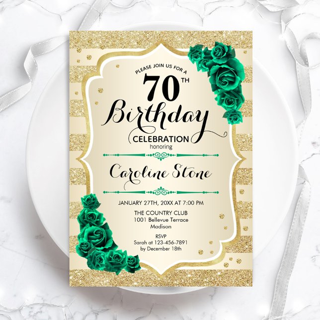 Green Gold Elegant Floral 70. Geburtstag Einladung (Von Creator hochgeladen)
