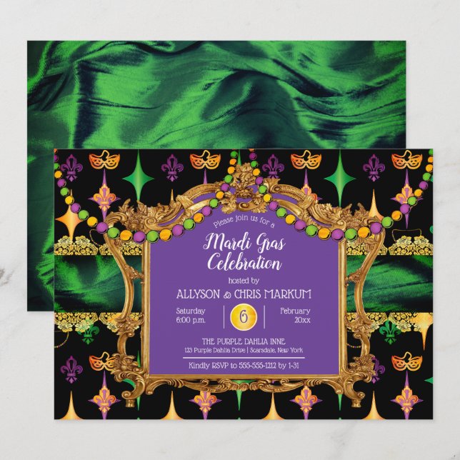 Green | Gold Elegant Floral Mardi Gras Party Einladung (Vorne/Hinten)