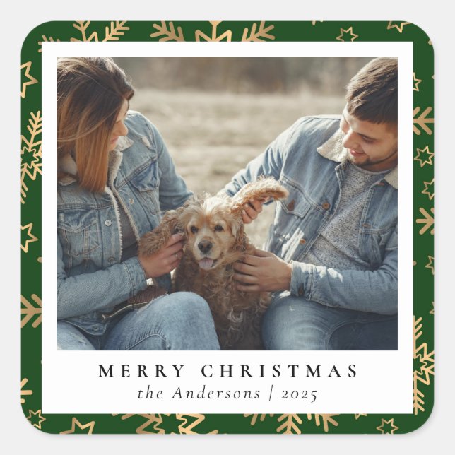 Green Gold Elegant Frohe Weihnachts Custom Foto Quadratischer Aufkleber (Vorderseite)