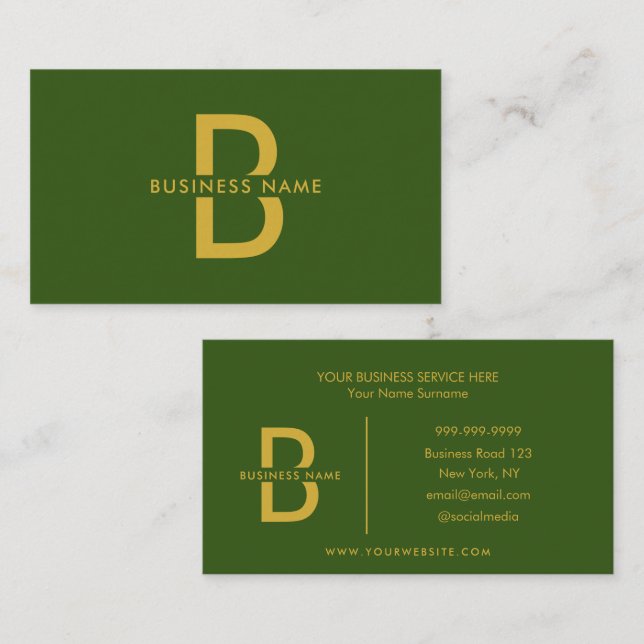 Green & Gold elegante Monogram Moderne Beruflich Visitenkarte (Vorne/Hinten)