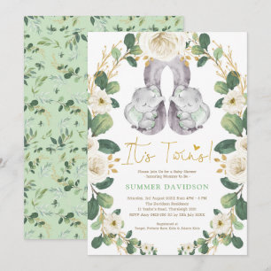 Green Gold Elephant Twins Neutral Baby Dusche Einladung