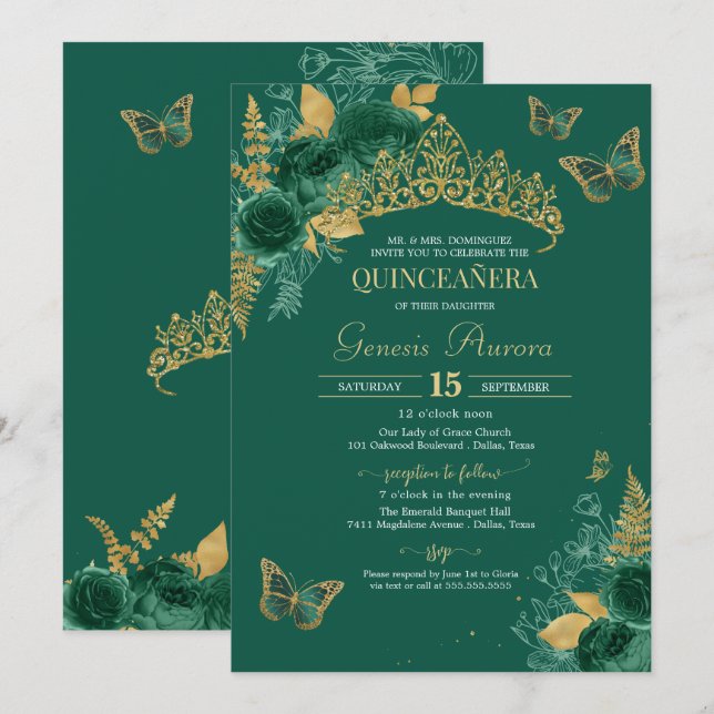 Green & Gold Emerald Floral Butterfly Quinceñera Einladung (Vorne/Hinten)