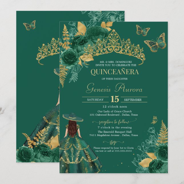 Green Gold Emerald Rose Flor Butterfly Quinceñera Einladung (Vorne/Hinten)