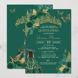 Green Gold Emerald Rose Flor Butterfly Quinceñera Einladung