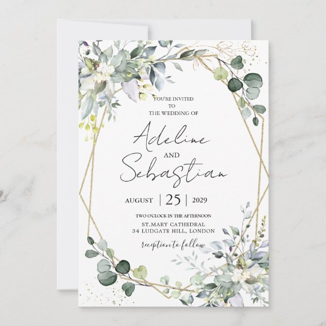 Green Gold Eucalyptus Foliage Geometric Wedding Einladung (Vorderseite)