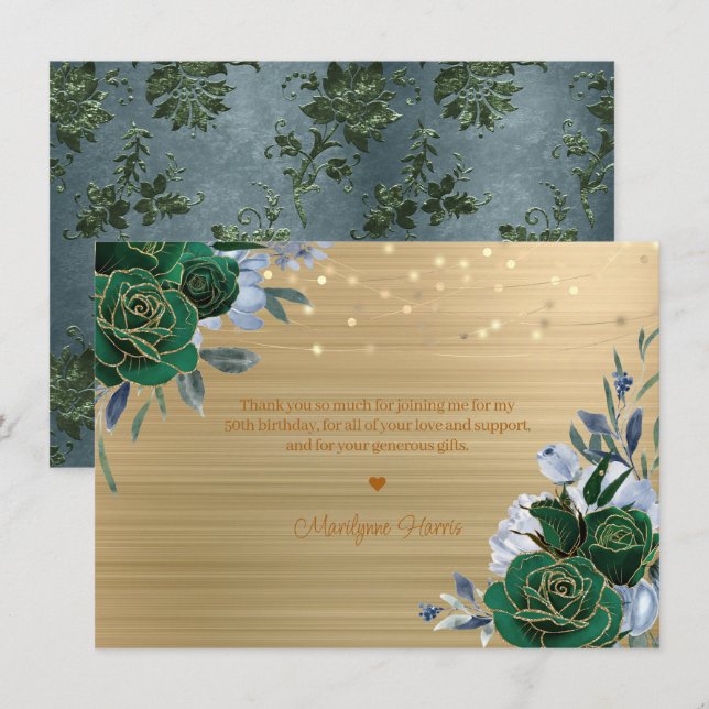 Green Gold Floral 50e Carte de remerciements d'ann (Devant / Derrière)