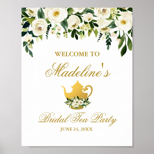 Green Gold Floral Brautparty Tee Party Willkommen Poster (Vorne)