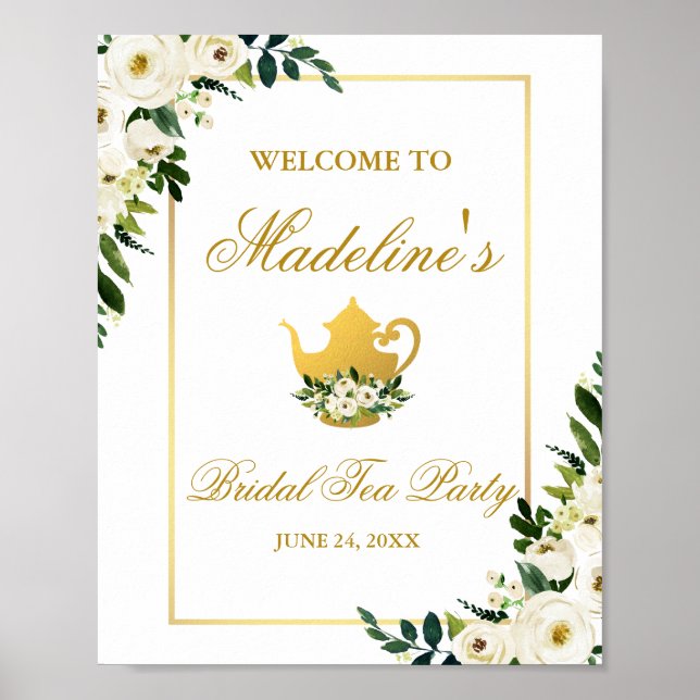 Green Gold Floral Brautparty Tee Party Willkommen Poster (Vorne)