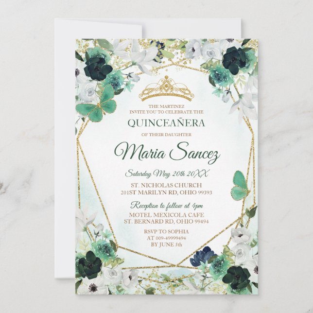 Green & Gold Floral Charra QUINCEAÑERA Einladung (Vorderseite)