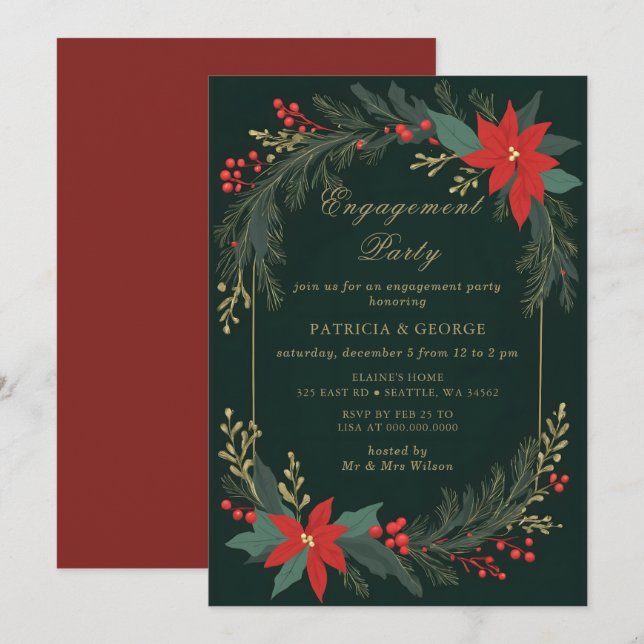 Green Gold Floral Christmas Engagement Party Einladung (Vorne/Hinten)